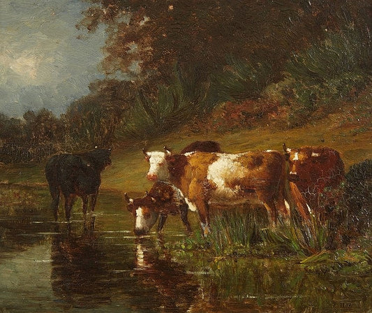 Cows Drinking from a Stream, vintage artwork by Louis Victor Le Gentile, A3 (16x12") Poster Print