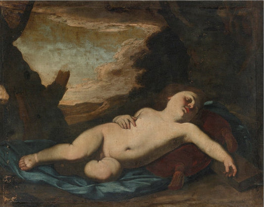Sleeping Christ Child in a Landscape, vintage artwork by Massimo Stanzione, 12x8" (A4) Poster
