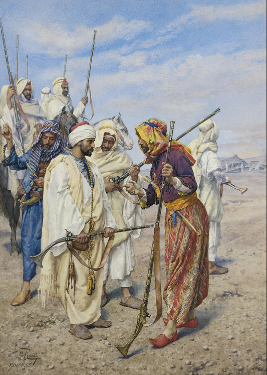Bedouins Preparing a Combat Patrol, vintage artwork by Giulio Rosati, 12x8" (A4) Poster