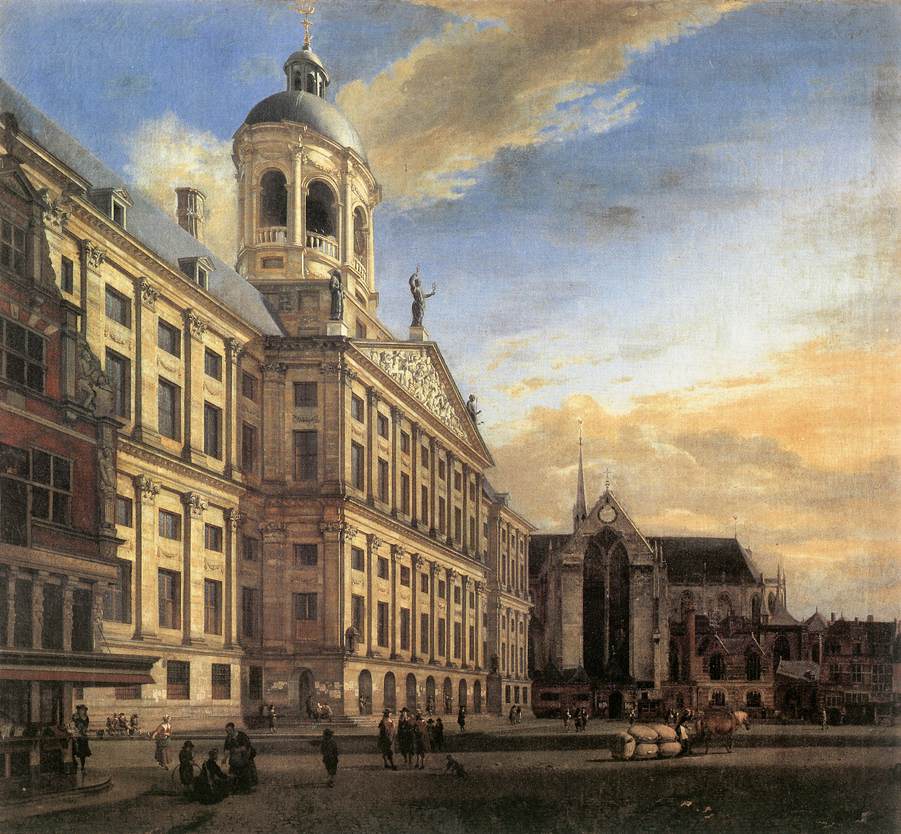 Amsterdam, Dam Square with the Town Hall and the Nieuwe Kerk, vintage artwork by Jan van der Heyden, 12x8" (A4) Poster