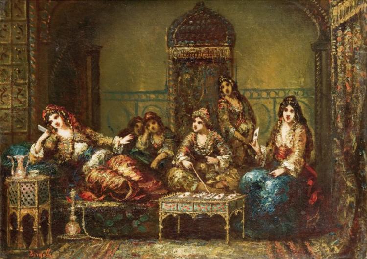 A Game of Tarot in the Harem, vintage artwork by Frederic Borgella, 12x8" (A4) Poster