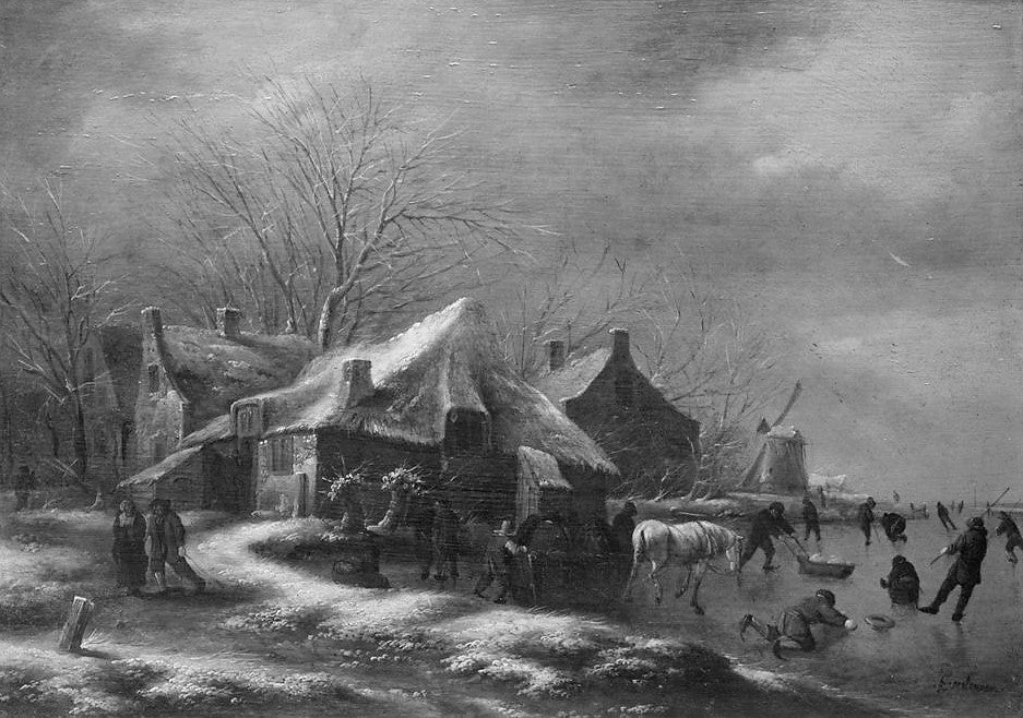 Winter Landscape with Cottages and a Windmill at the Bank of a Frozen River, vintage artwork by Klaes Molenaer, 12x8" (A4) Poster