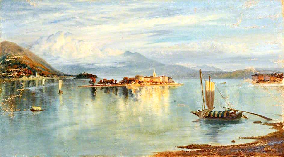 Lake with Islands and a Mountain Backdrop, vintage artwork by John Wharlton Bunney, 12x8" (A4) Poster