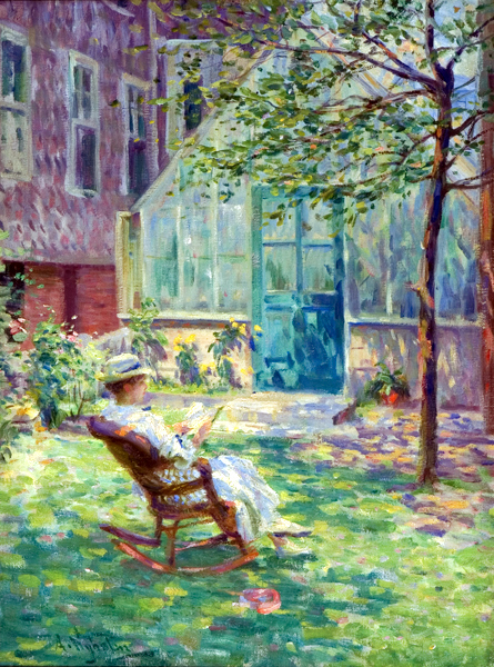 Reading by  the Greenhouse, vintage artwork by Arvid Nyholm, 12x8" (A4) Poster