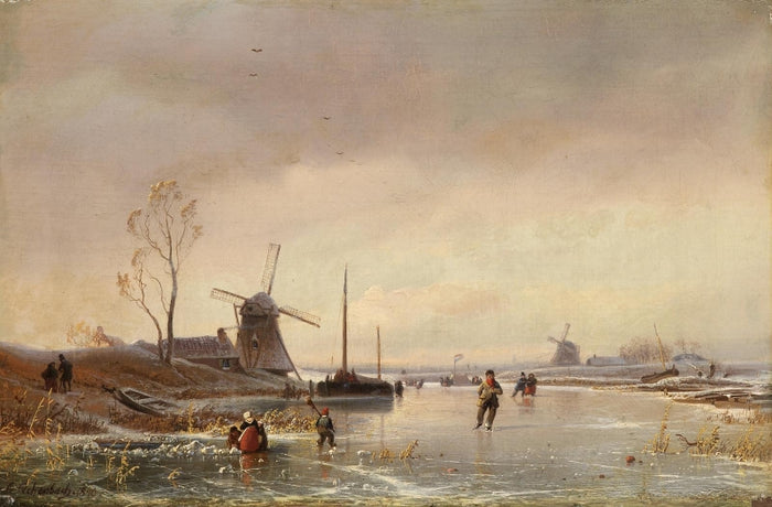 Enjoyment on an Icy Dutch Canal, vintage artwork by Andreas Achenbach, A3 (16x12