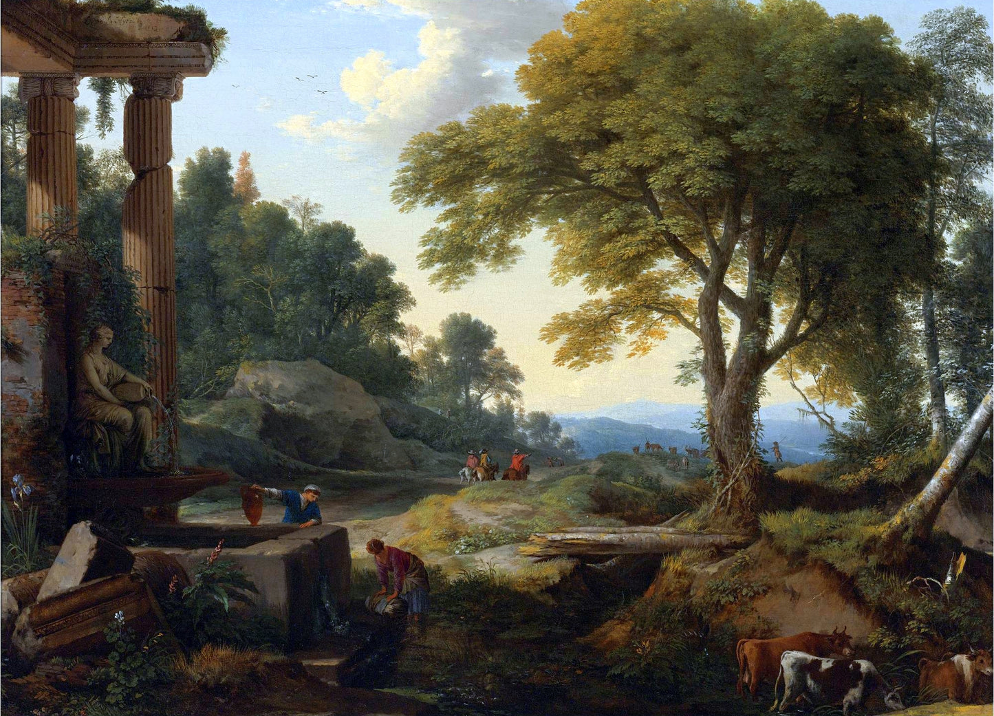 Landscape with Two Women at a Fountain, a Herd of Cows at a Stream and Travellers on Horseback, vintage artwork by Laurent de La Hyre, 12x8" (A4) Poster