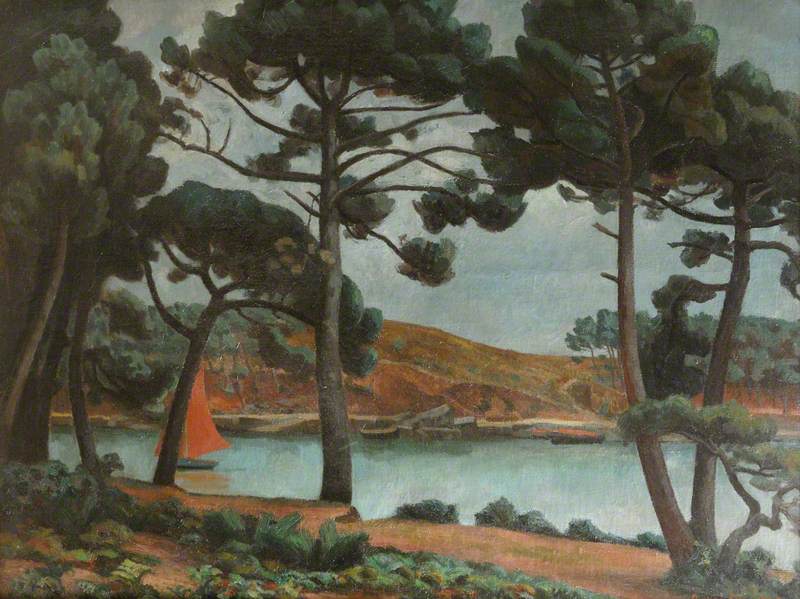 Boat on a Lake Viewed through Pines, vintage artwork by Roger Eliot Fry, 12x8" (A4) Poster