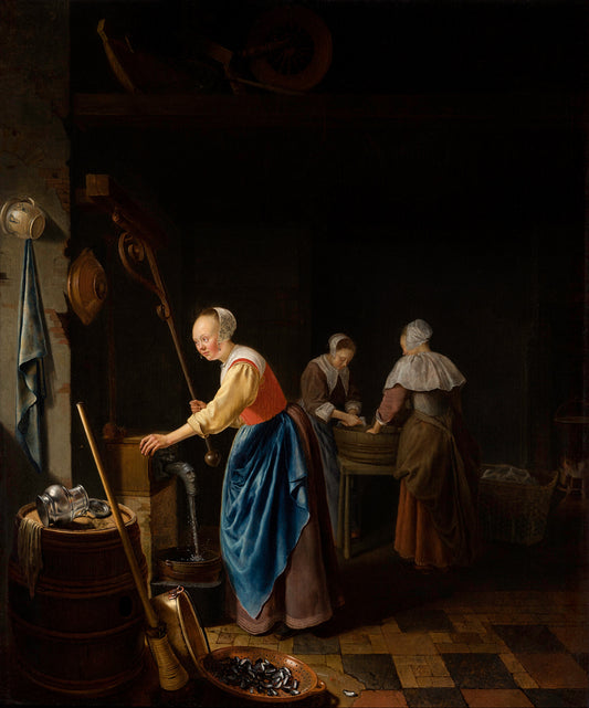 The Interior of a Kitchen, vintage artwork by Pieter Cornelisz van Slingeland, 12x8" (A4) Poster