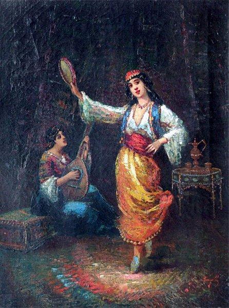 Dancer with Tambourine, vintage artwork by Frederic Borgella, 12x8" (A4) Poster