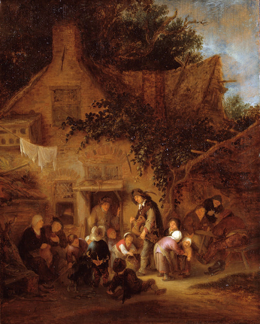 The Organ-Grinder Outside a Cottage, vintage artwork by Adriaen van Ostade, 12x8" (A4) Poster