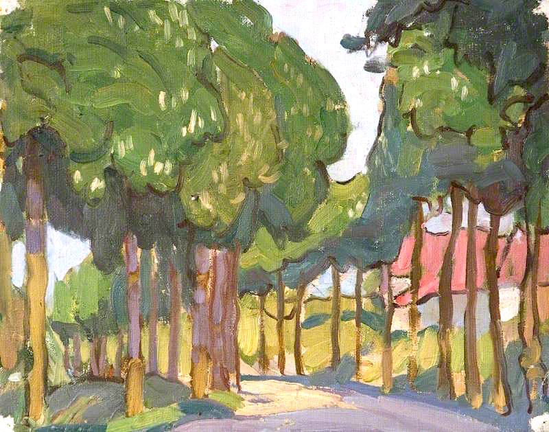 Road Lined with Trees, vintage artwork by Anne Louise Falkner, 12x8" (A4) Poster