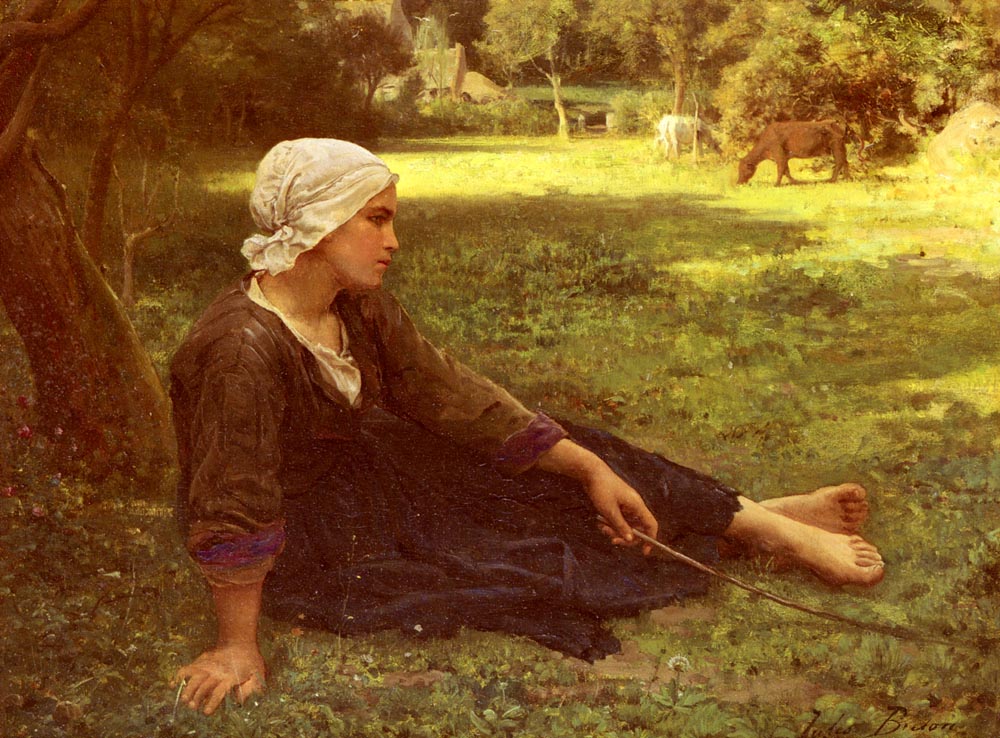 Girl Guarding the Cows, vintage artwork by Jules-Adolphe Breton, 12x8" (A4) Poster