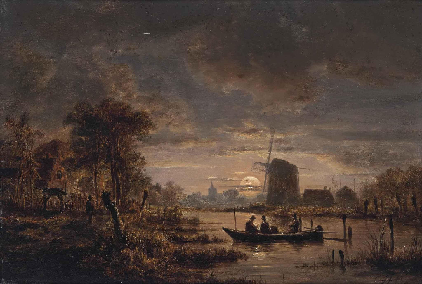 A moonlit river landscape with a boat and a windmill beyond, vintage artwork by Henry Pether, 12x8" (A4) Poster