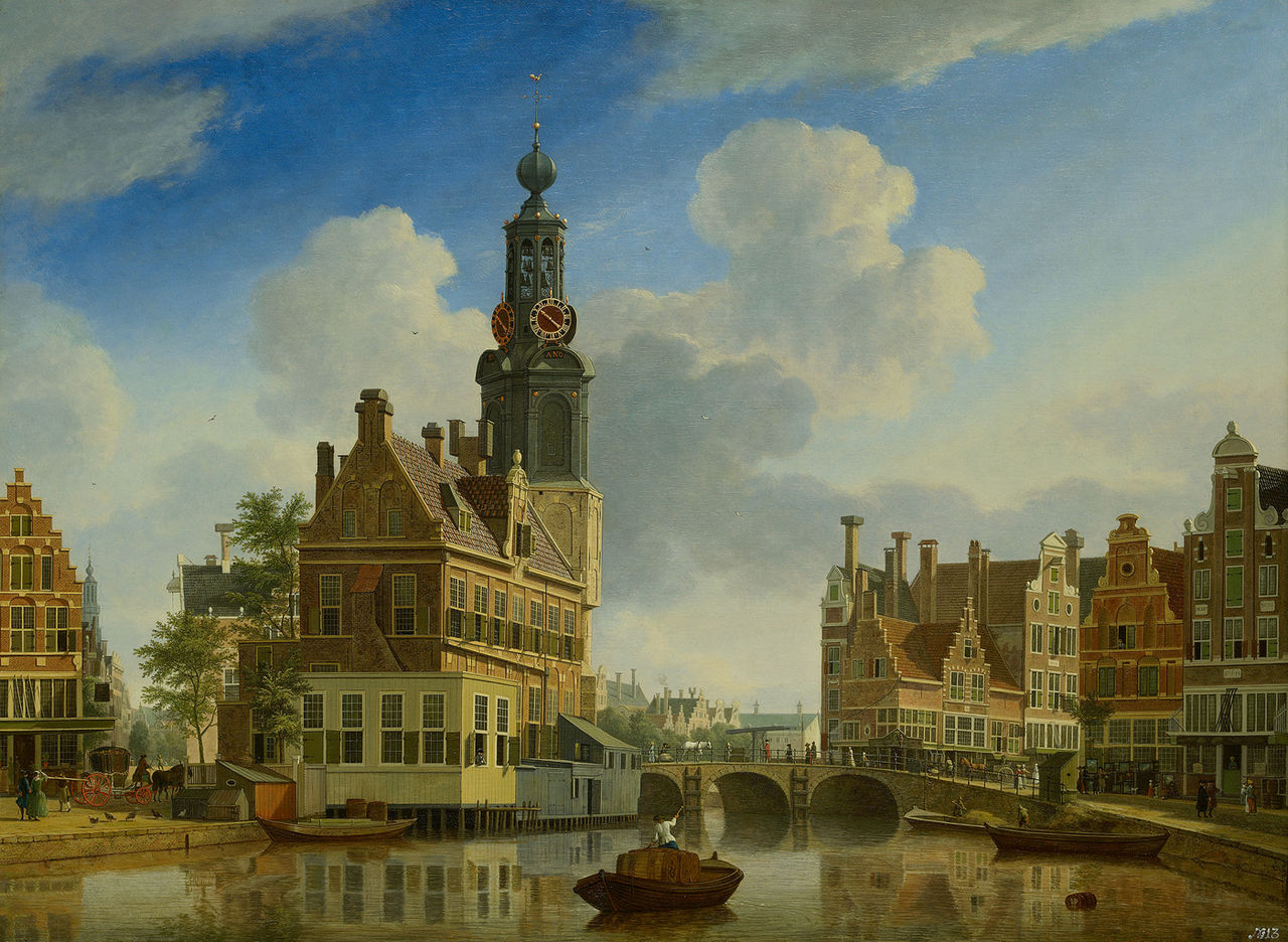 Mint Tower viewed from Singel, Amsterdam, vintage artwork by Jan ten Compe, 12x8" (A4) Poster