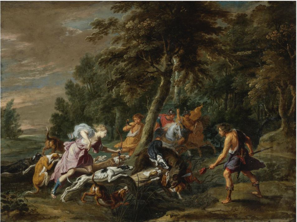 The Calydonian Boar Hunt, vintage artwork by Willem van Herp the Elder, 12x8" (A4) Poster