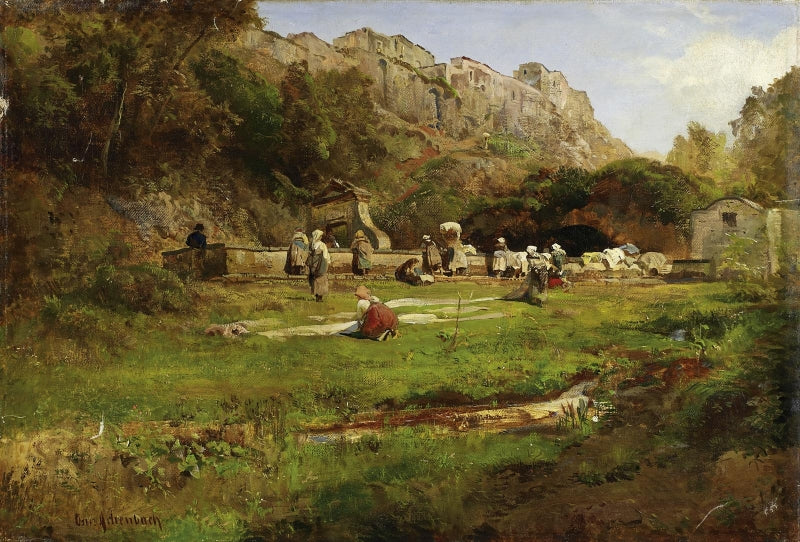 Laundresses at the Well, vintage artwork by Oswald Achenbach, 12x8" (A4) Poster