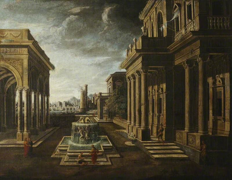 An Architectural Fantasy, with a Fountain and Figures, vintage artwork by Viviano Codazzi, 12x8" (A4) Poster