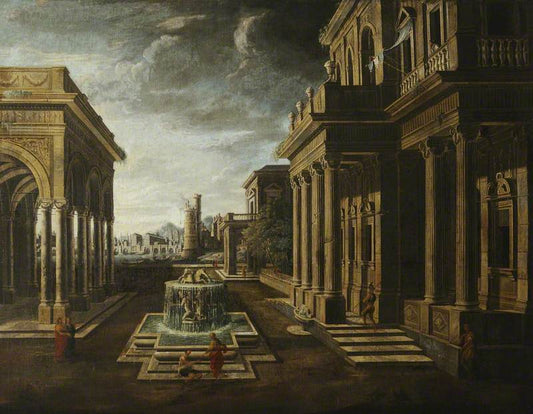 An Architectural Fantasy, with a Fountain and Figures, vintage artwork by Viviano Codazzi, 12x8" (A4) Poster