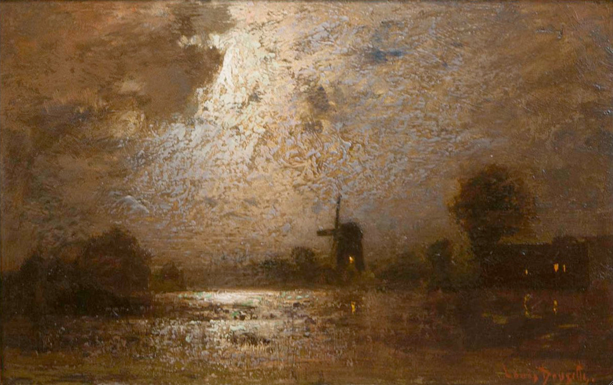 Moonlit Landscape with a Windmill, vintage artwork by Louis Douzette, 12x8" (A4) Poster