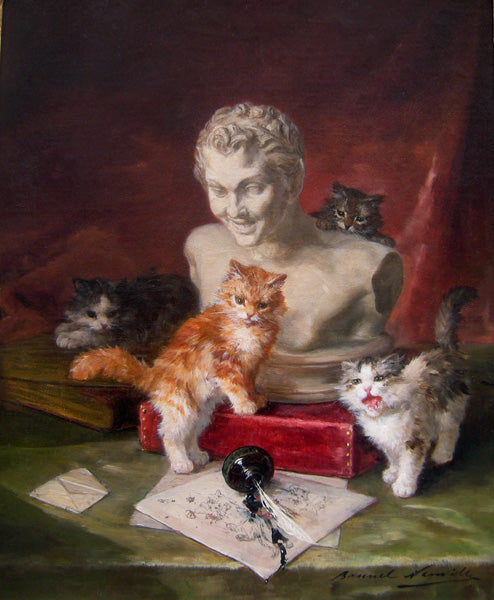 playing cats with skulpture by Alfred Brunel de Neuville,A3(16x12")Poster