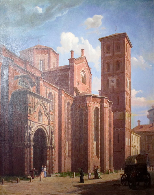 View of the southern side of Asti cathedral, vintage artwork by Giovanni Migliara, 12x8" (A4) Poster