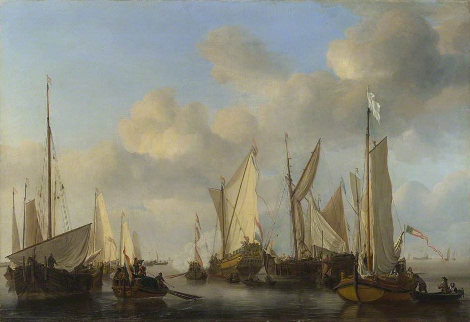 A Dutch Yacht Surrounded by  Many Small Vessels, Saluting as Two Barges pull alongside, vintage artwork by Willem van de Velde the Younger, 12x8" (A4) Poster