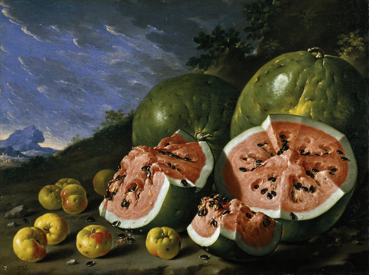 Still Life with Watermelons and Apples in a Landscape, vintage artwork by Luis Melendez, 12x8" (A4) Poster