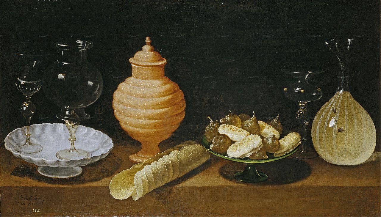 Still Life with Sweets and Crystal Recipients, vintage artwork by Juan van der Hamen, 12x8" (A4) Poster