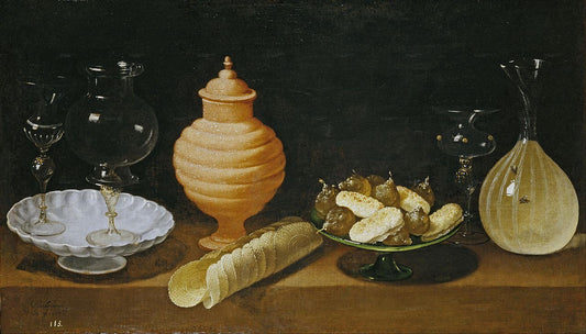 Still Life with Sweets and Crystal Recipients, vintage artwork by Juan van der Hamen, 12x8" (A4) Poster