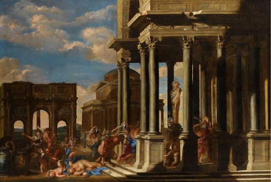 Architectural Capriccio with a Bacchanalian Procession, vintage artwork by Filippo Gagliardi, 12x8" (A4) Poster