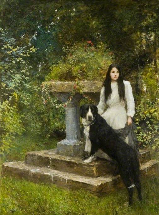 Gwenddydd and Her Dog in a Garden, vintage artwork by Hubert von Herkomer, 12x8" (A4) Poster