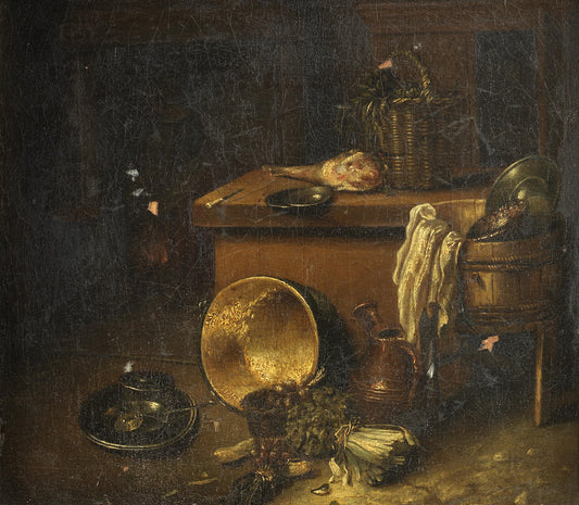 A Kitchen Still Life with Radishes, Kale and Pork, vintage artwork by Willem Kalf, 12x8" (A4) Poster