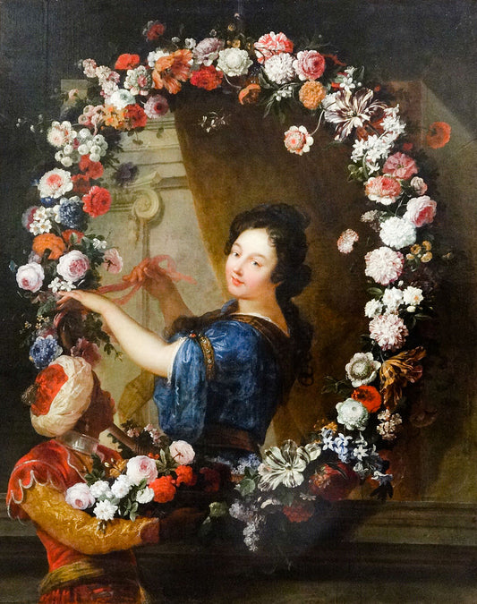 Femme à mi-corps attachant une guirlande de fleurs, vintage artwork by Jean-Baptiste Belin de Fontenay, 12x8" (A4) Poster