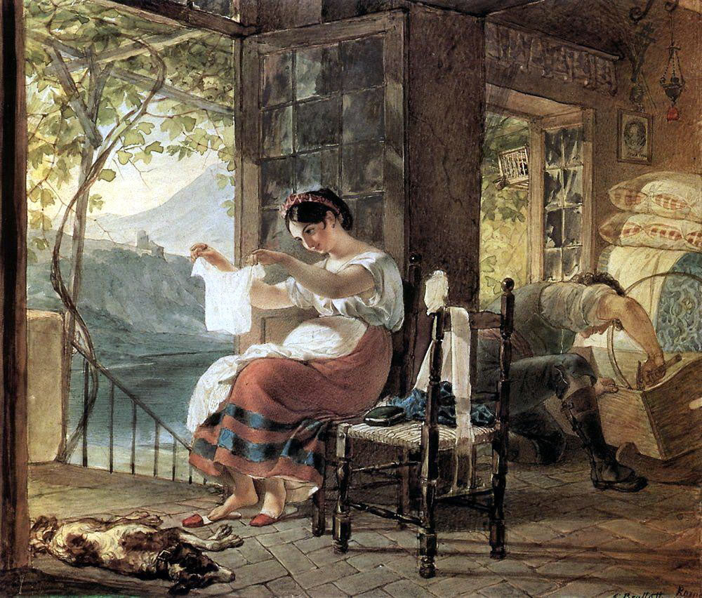 Italian Woman Heavy with a Child Examining a Shirt and her Husband Making a Cradle, vintage artwork by Karl Pavlovich Brulloff, A3 (16x12") Poster Print