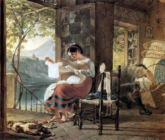 Italian Woman Heavy with a Child Examining a Shirt and her Husband Making a Cradle, vintage artwork by Karl Pavlovich Brulloff, A3 (16x12") Poster Print