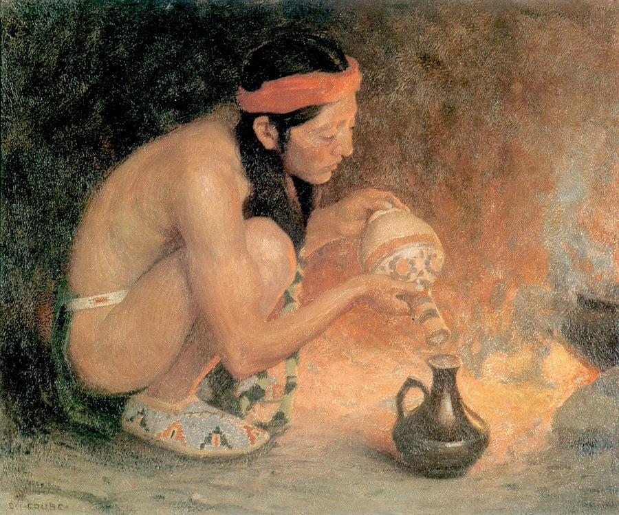 Indian beside a Camp Fire, vintage artwork by Eanger Irving Couse, 12x8" (A4) Poster