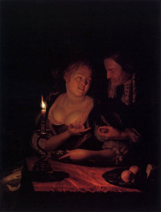 Gentleman Offering a Lady a Ring in a Candlelit Bedroom, vintage artwork by Godfried Schalcken, 12x8" (A4) Poster