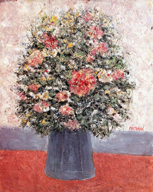 Floral Still Life on Pink Tablecloth, vintage artwork by Arnold Friedman, 12x8" (A4) Poster