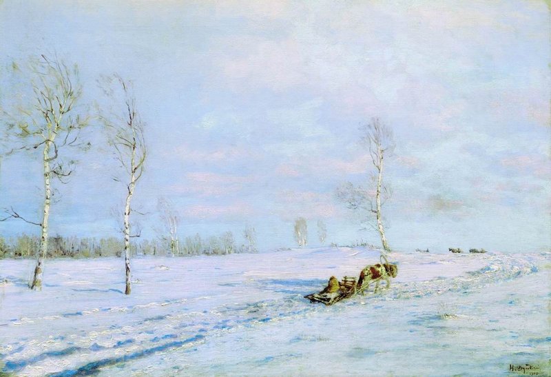 Sleigh Track, vintage artwork by Nikolai Nikanorovich Dubovskoy, 12x8" (A4) Poster