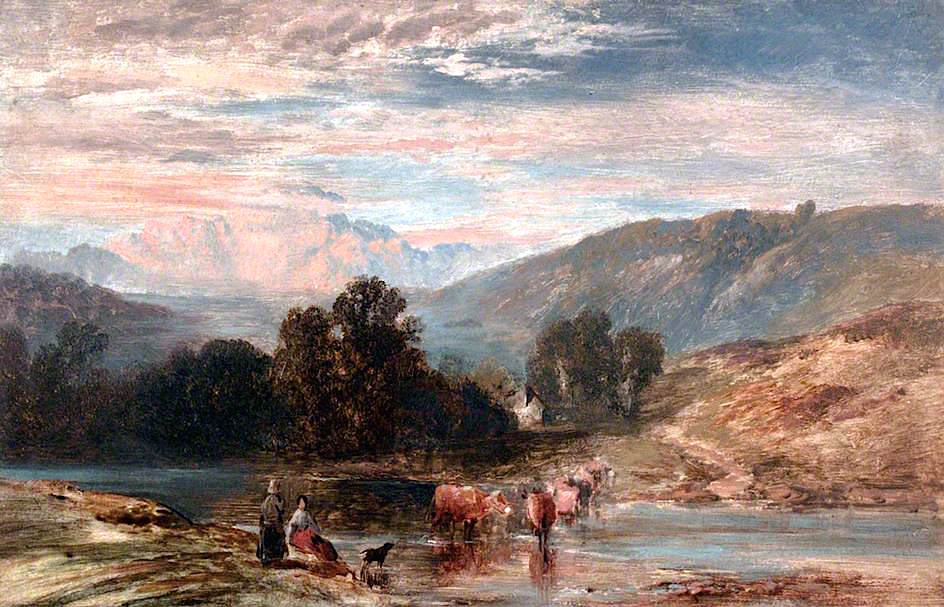 River Scene with Peasants and Cattle, vintage artwork by George Vicat Cole, 12x8" (A4) Poster