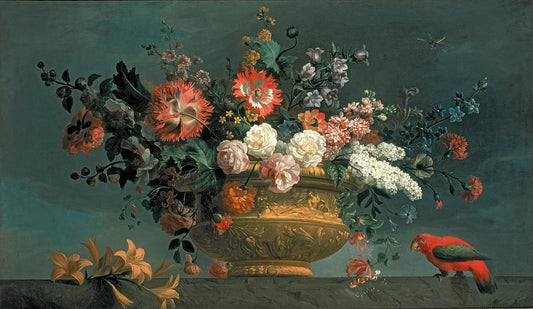 Flower Piece With Parrot, vintage artwork by Jakob Bogdány, 12x8" (A4) Poster