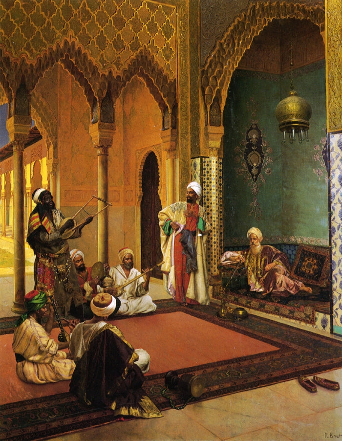 Traveling Musicians Playing for the Sultan, vintage artwork by Rudolf Ernst, 12x8