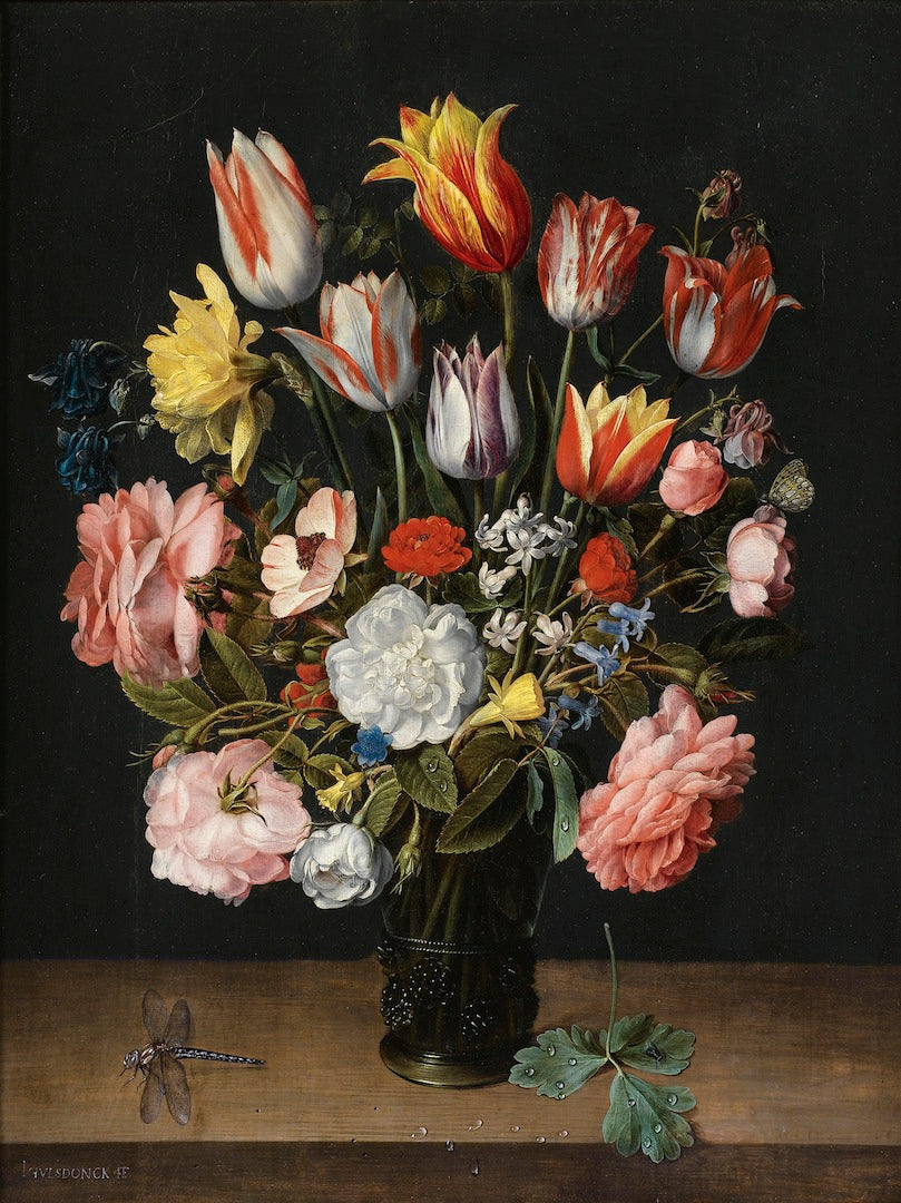 A still life of tulips, roses, bluebells, daffodils, a peony and other flowers in a glass roemer, vintage artwork by Jacob van Hulsdonck, 12x8" (A4) Poster