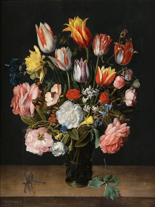 A still life of tulips, roses, bluebells, daffodils, a peony and other flowers in a glass roemer, vintage artwork by Jacob van Hulsdonck, 12x8" (A4) Poster