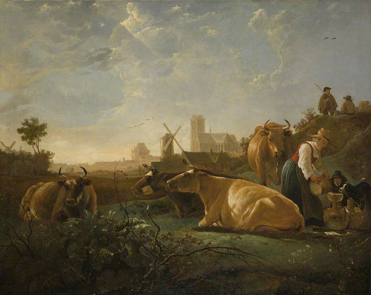 A Distant View of Dordrecht with a Milkmaid and Four Cows, vintage artwork by Aelbert Cuyp, 12x8" (A4) Poster
