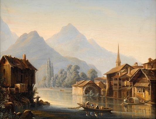 Alpine Landscape with City View, vintage artwork by Colestin Brügner, 12x8" (A4) Poster