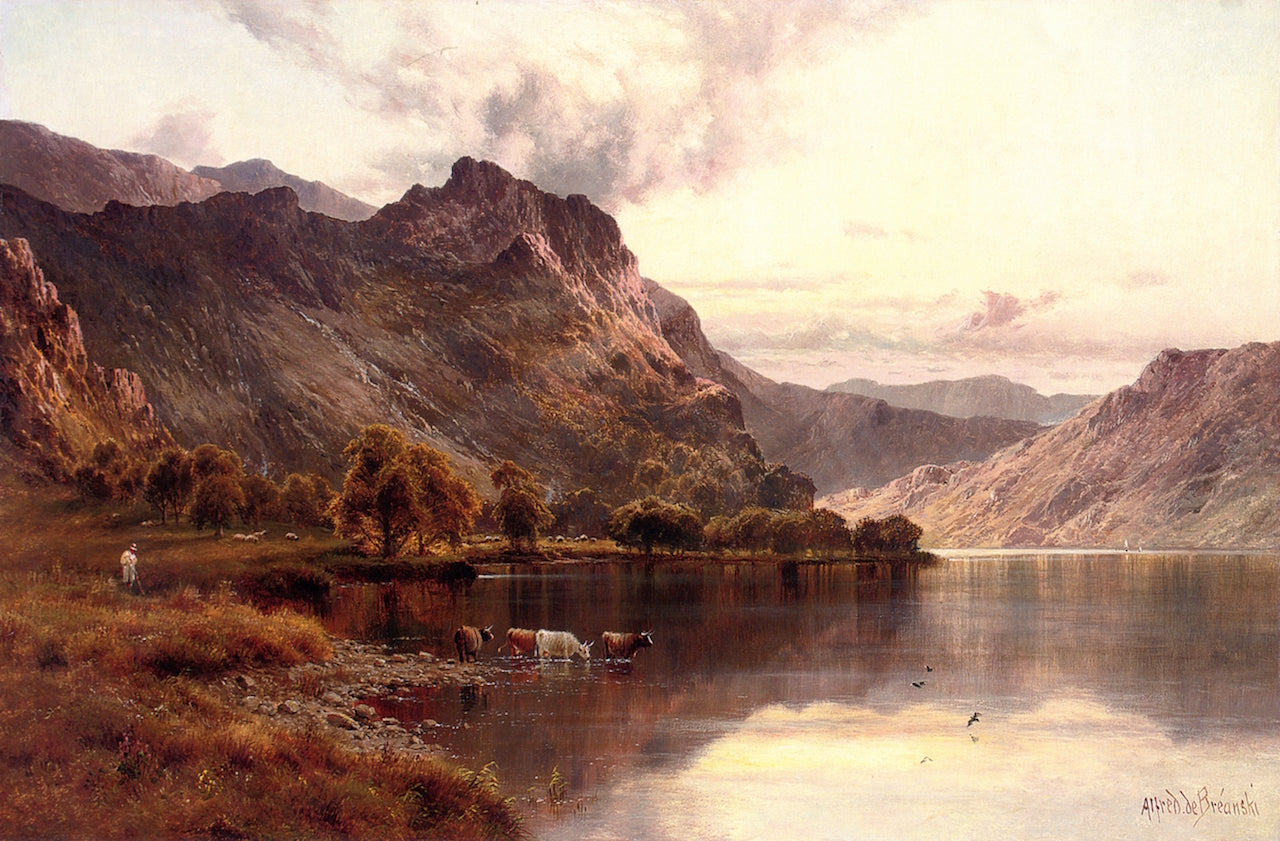 The Borrowdale Pass from Derwentwater, vintage artwork by Alfred de Breanski, Sr., 12x8" (A4) Poster