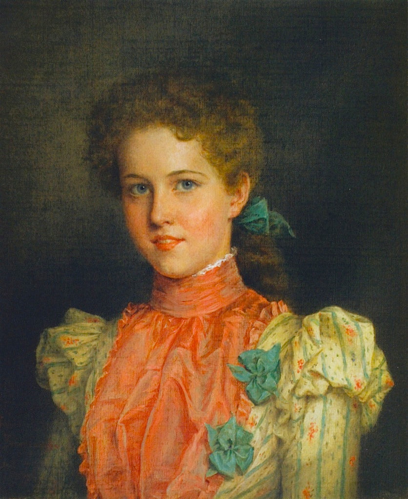 Young Woman in Pink and Green, vintage artwork by Jennie Brownscombe, 12x8" (A4) Poster