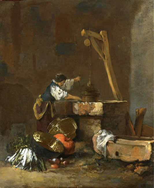 A Woman Pulling Water from a Well, a Pile of Vegetables at Her Feet, vintage artwork by Willem Kalf, 12x8" (A4) Poster
