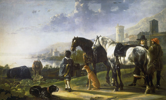A Page with Two Horses, vintage artwork by Aelbert Cuyp, 12x8" (A4) Poster